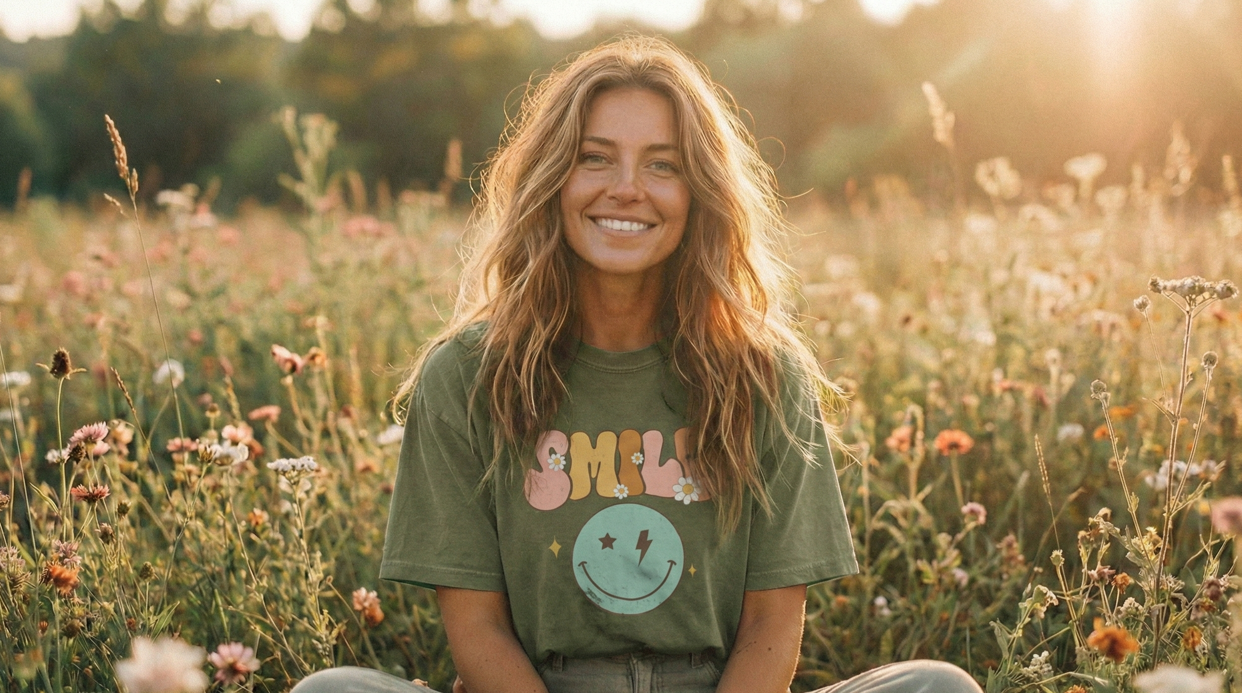 Woman sitting in a field of flowers wearing a green t-shirt with a smiley face design.